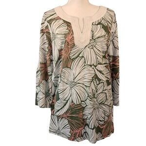 TALBOTS‎ L Tropical Floral Print 3/4 Sleeve Tunic Top Crochet V-Neck Pima Cotton